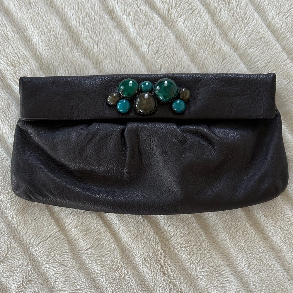 Banana Republic Brown Leather Clutch with Turquoise Embellishments
